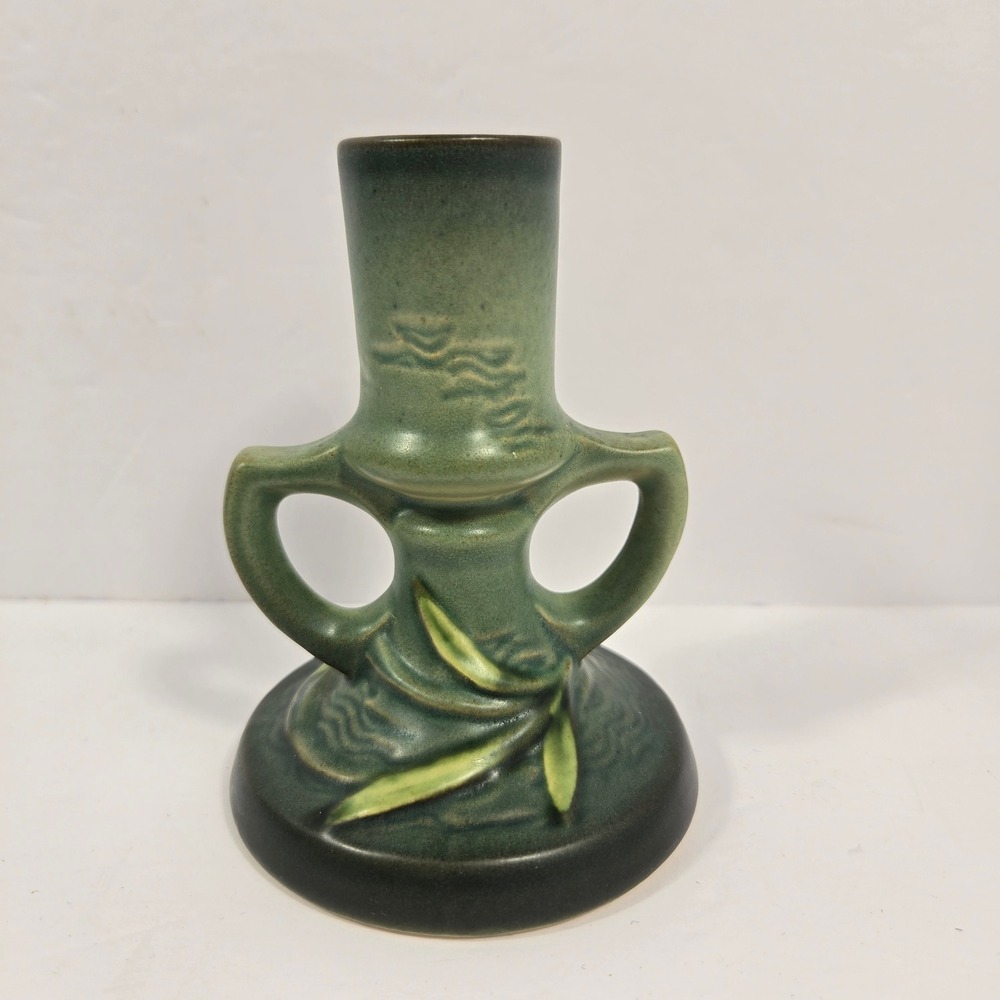 Roseville Pottery Clematis Green Candlestick Holder 1157-4.5 Vintage Art Deco